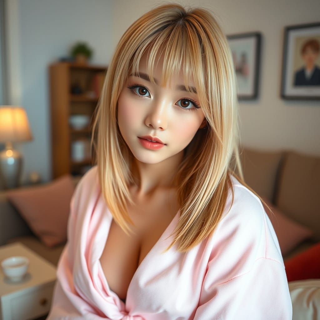 Japanese Pop Culture Goddess in Pastel Pink Bathrobe