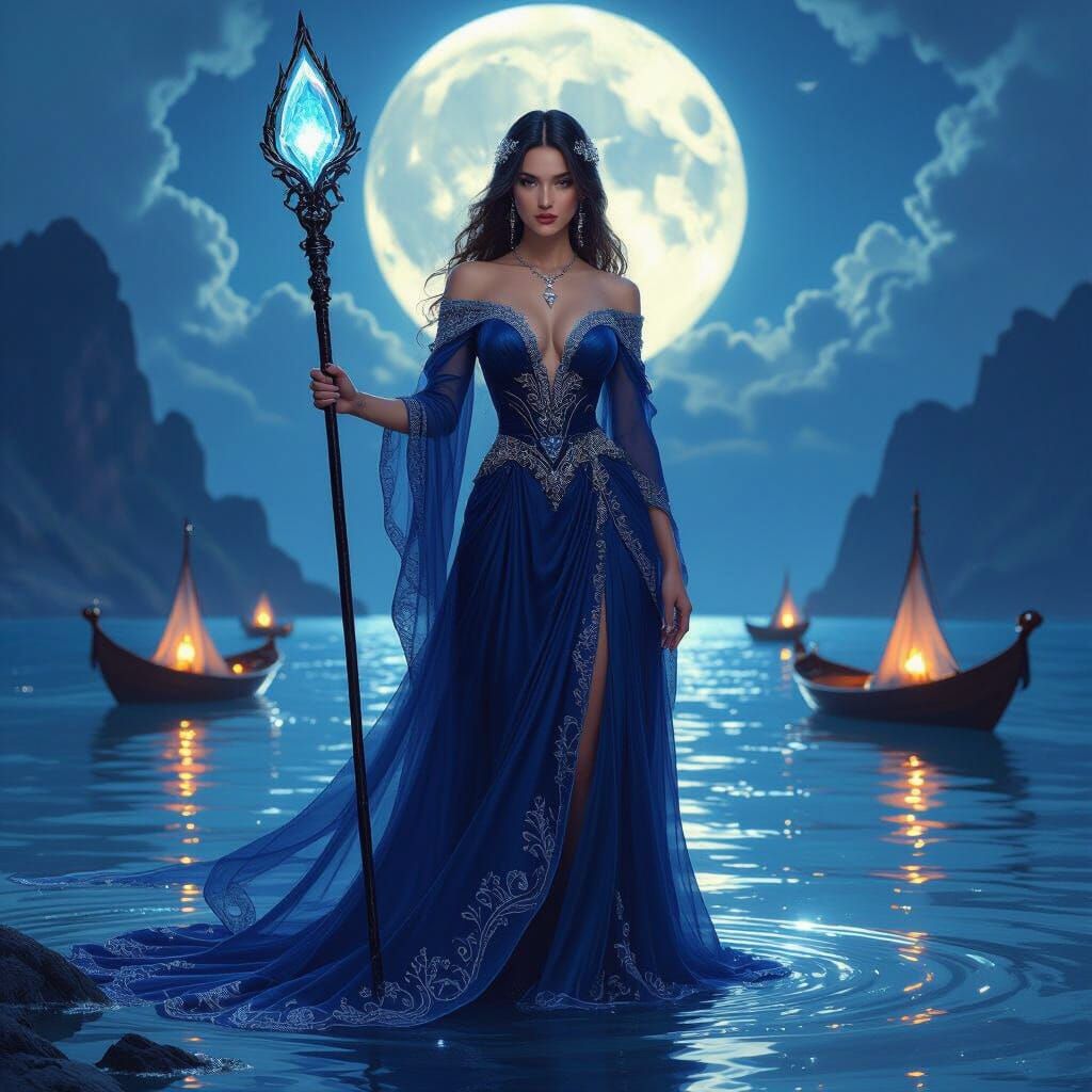 Mysterious Island Woman with Glowing Boats in Art Nouveau St...