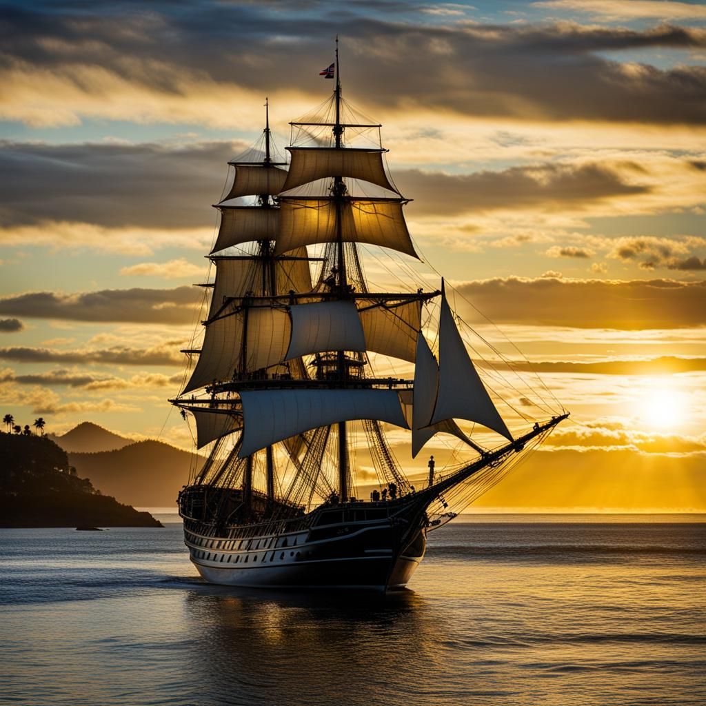 Sailing Ship on the Sparkling Pacific Ocean