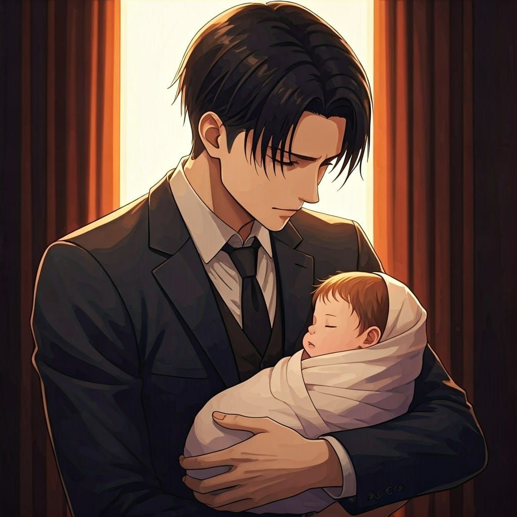 Levi Ackerman Comforts Newborn in Anime Style