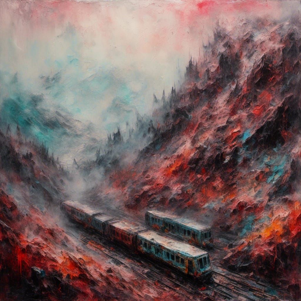 Post-Punk Train Over Mountains in Expressionist Style