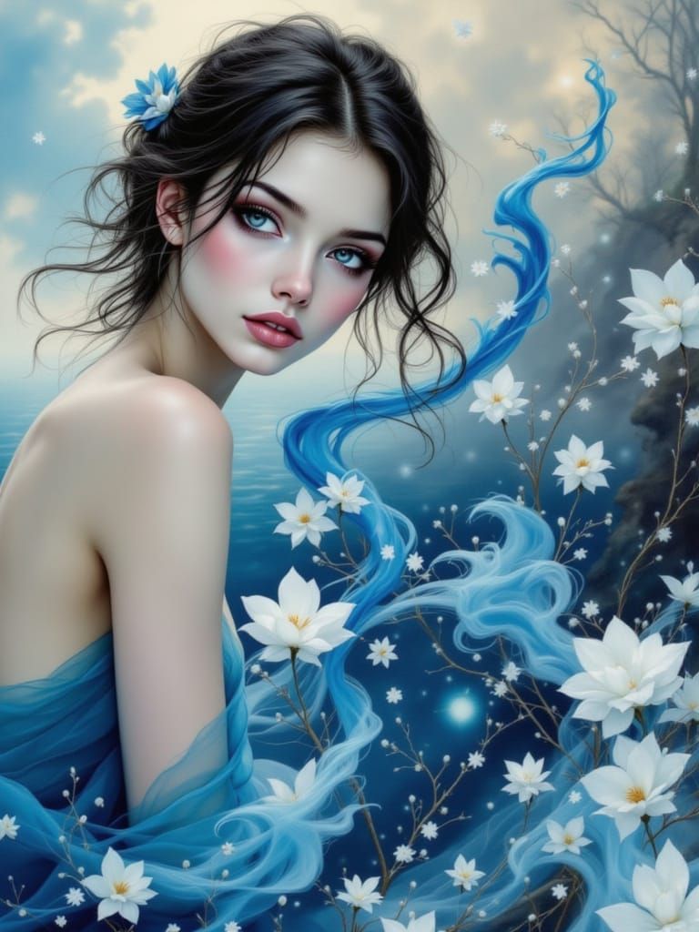 Surreal Pin-Up Girl Under Midnight Skies