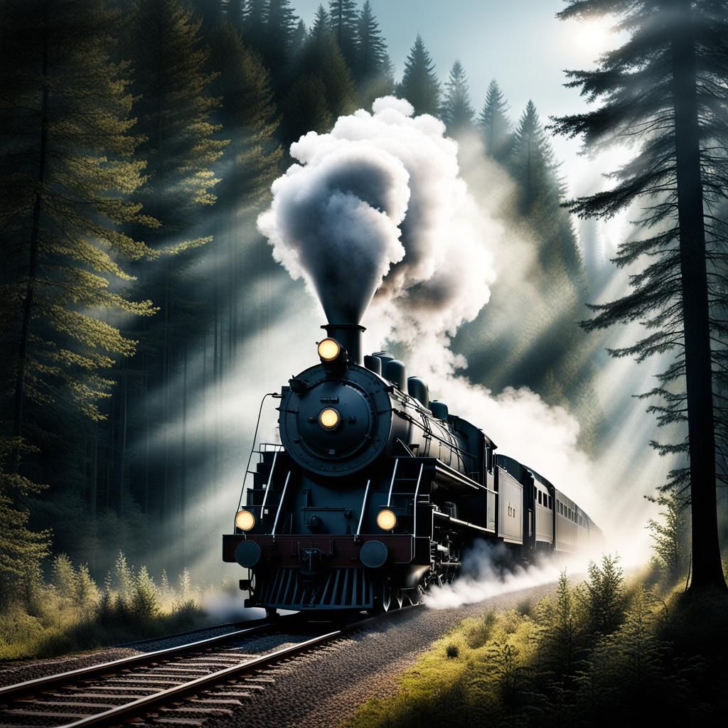 Steam locomotive speeding through a misty forest, steam bill...