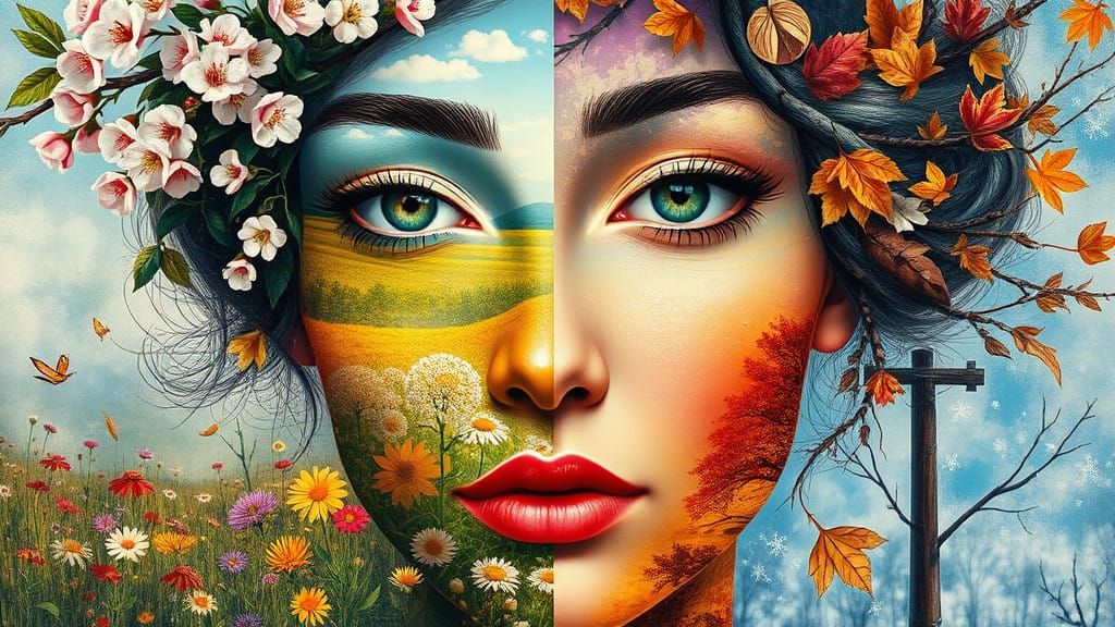 Surreal Seasons Collage in Vibrant Colors and Dreamlike Land...