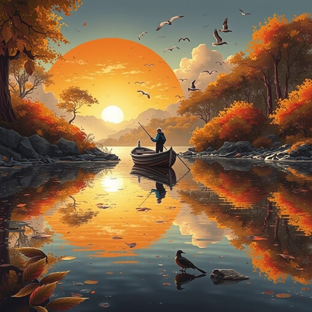Man in a Boat Under Autumn Sunset