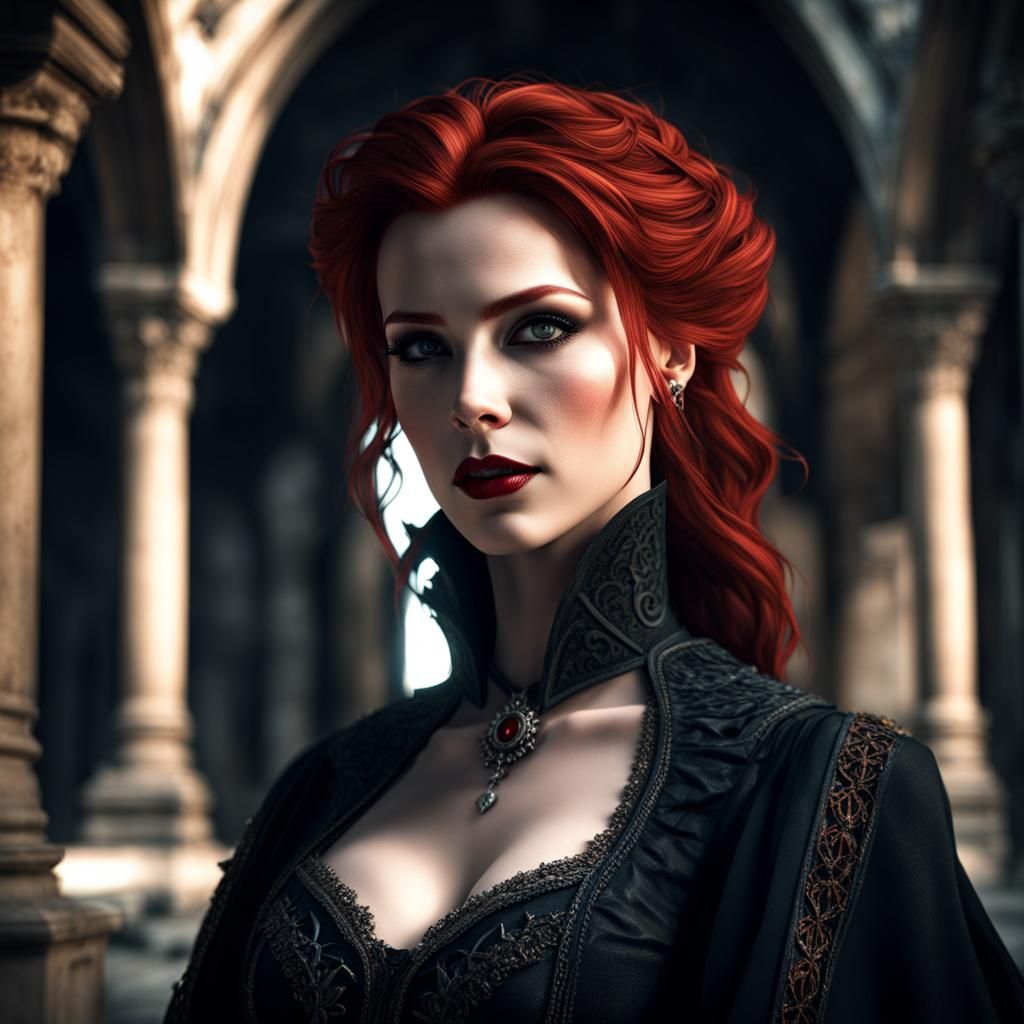 Redhead Vampire Portrait in Gothic Ruins, Photorealistic