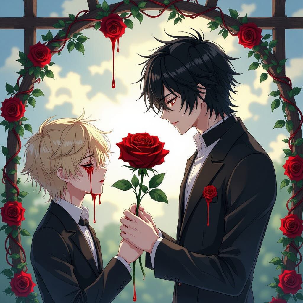 Anime Men Exchanging Blood Roses in Melancholic Scene