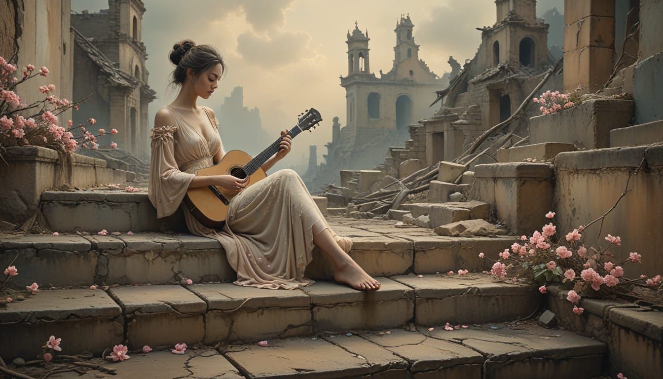 Surreal Woman with Guitar on Ruined City Steps