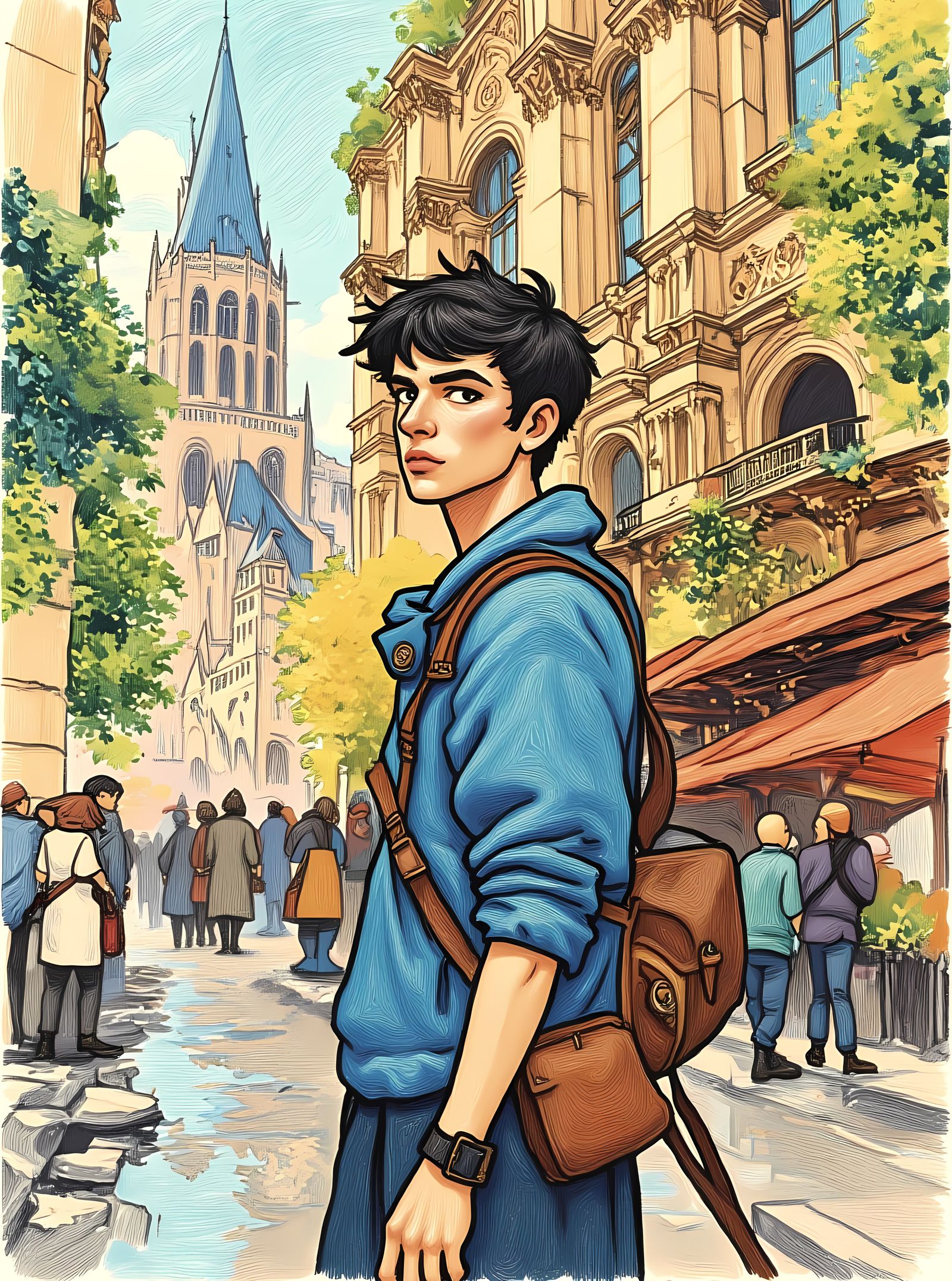 Parisian Boy Portrait in Vibrant Impressionistic Style