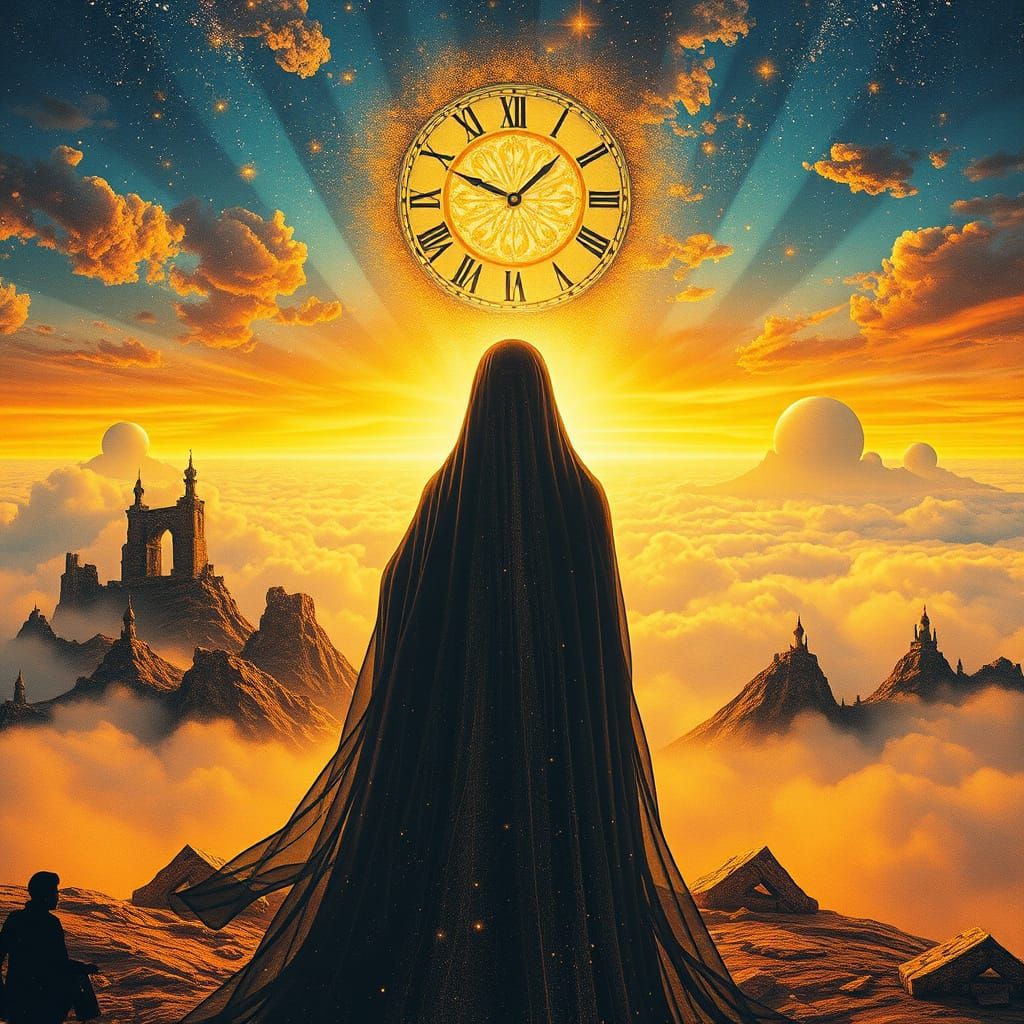 Cosmic Artist Stands Before Infinite Canvas in Dawn's Warm L...