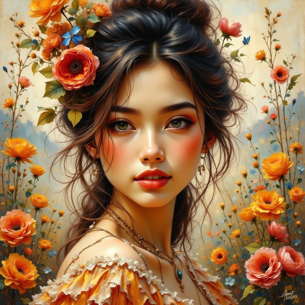 Beautiful Woman in Peach Dress, Fantasy Art