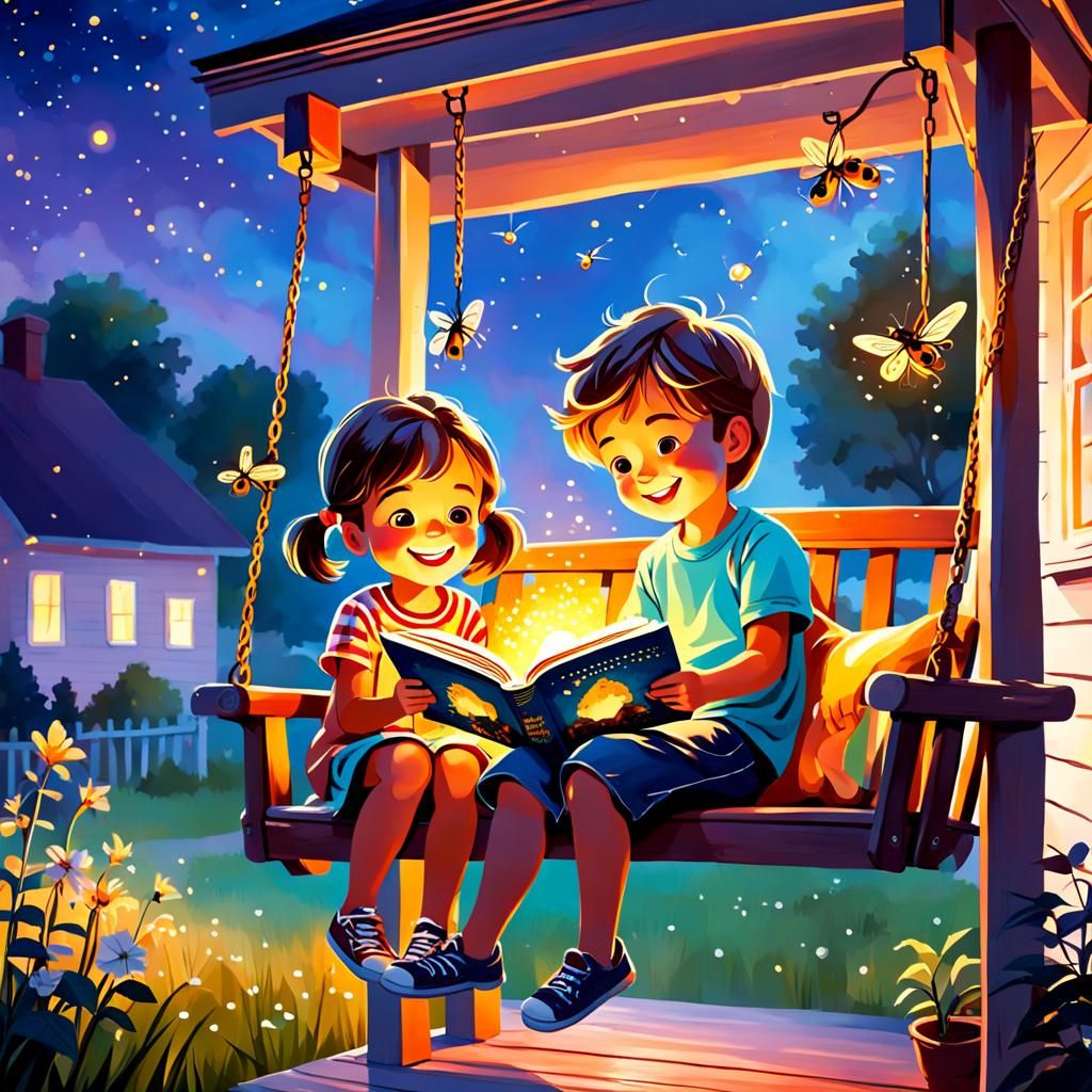 Cosy Summer Evening: Children Reading on Porch Swing