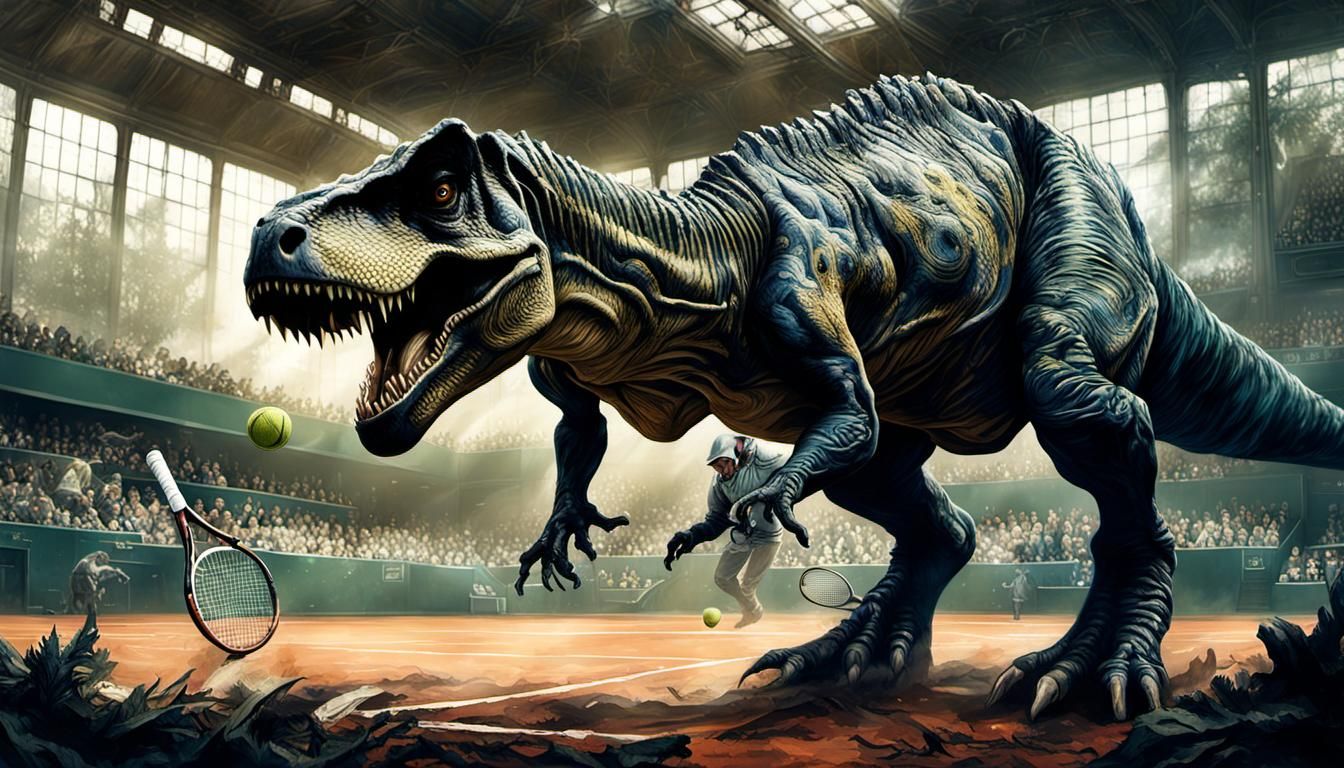 T-Rex Playing Tennis: Photorealistic Gouache Masterpiece