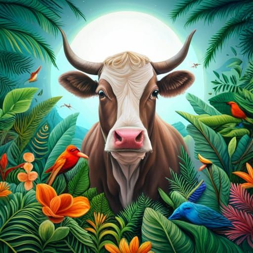 Surreal Cow Portrait in Hyperrealistic Jungle Scene