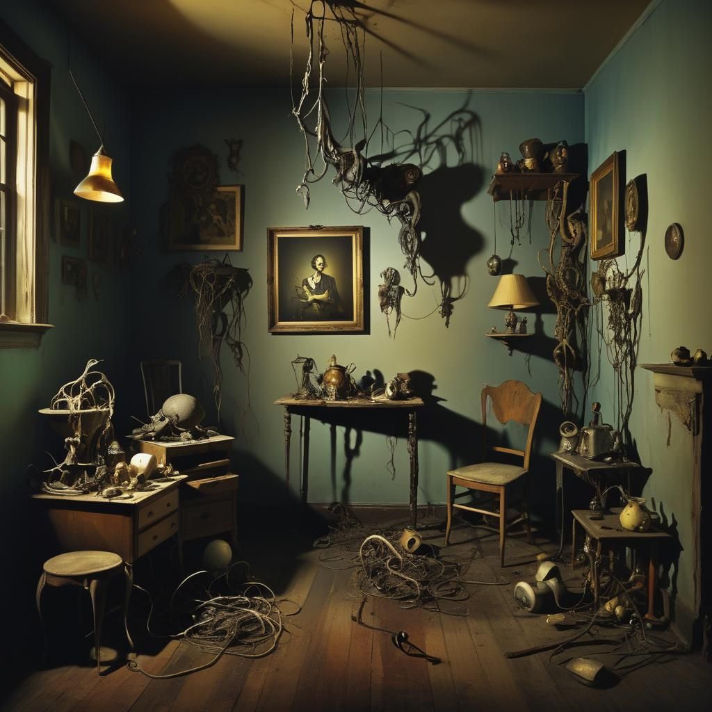 Surreal Still Life in Dimly Lit Room