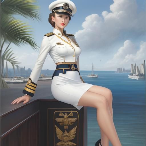 Female Naval Captain in Tropical Port City: Oil Painting
