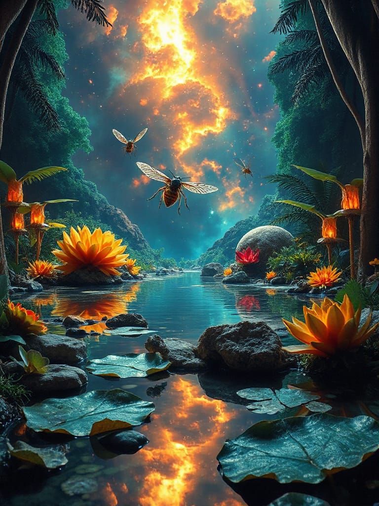 Otherworldly Alien Jungle Pool Reflecting Nebula