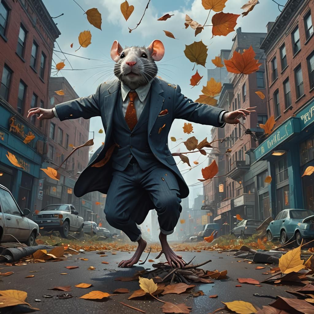 Rat in Suit Struggles Against Wind, Digital Matte Painting