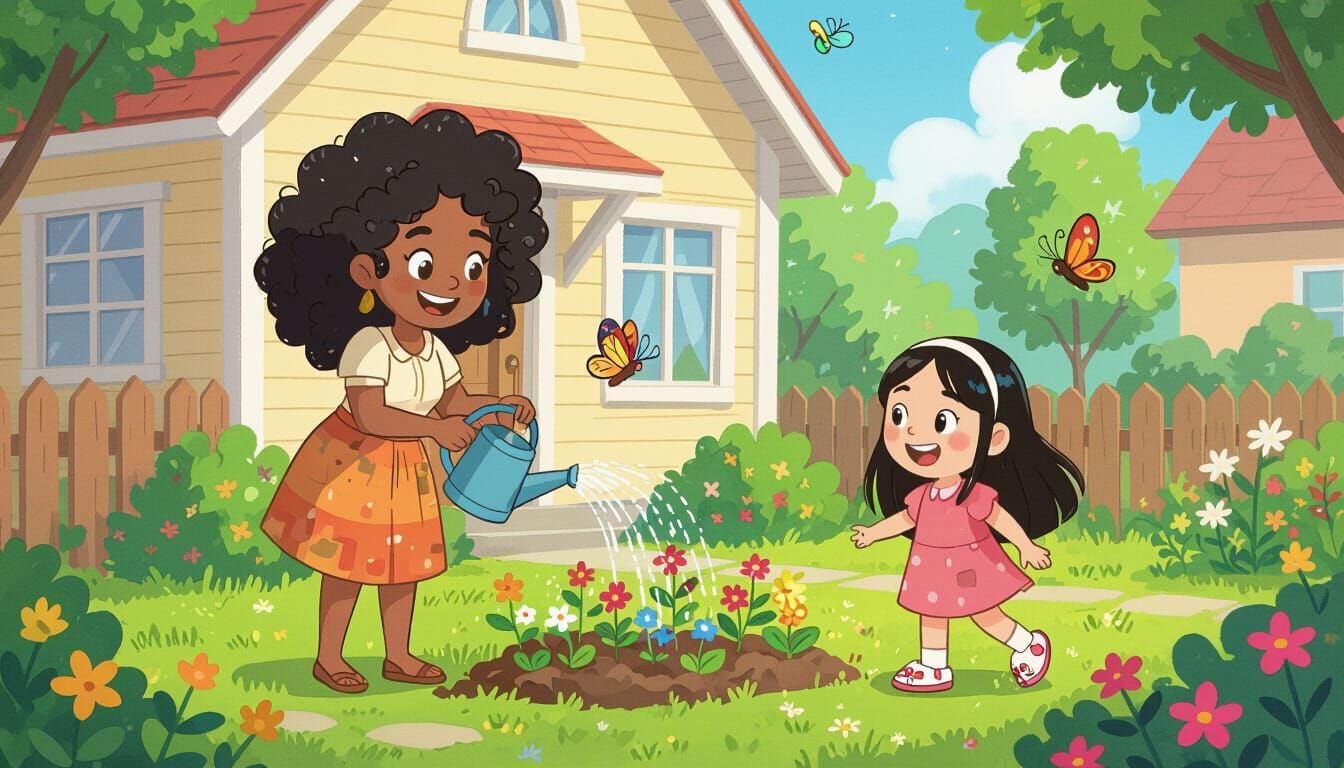 Charming Cartoon House with Family and Garden