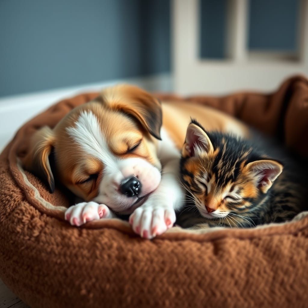Cuddly Puppy and Kitten Duo Snuggle Up in Cozy Dog Bed