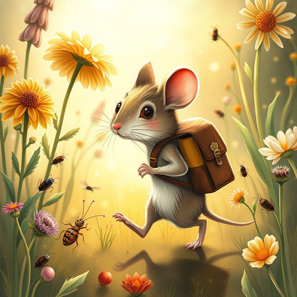 A whimsical, anthropomorphic shy mouse wearing a tiny backpack, embarking on a grand adventure through a garden filled w...