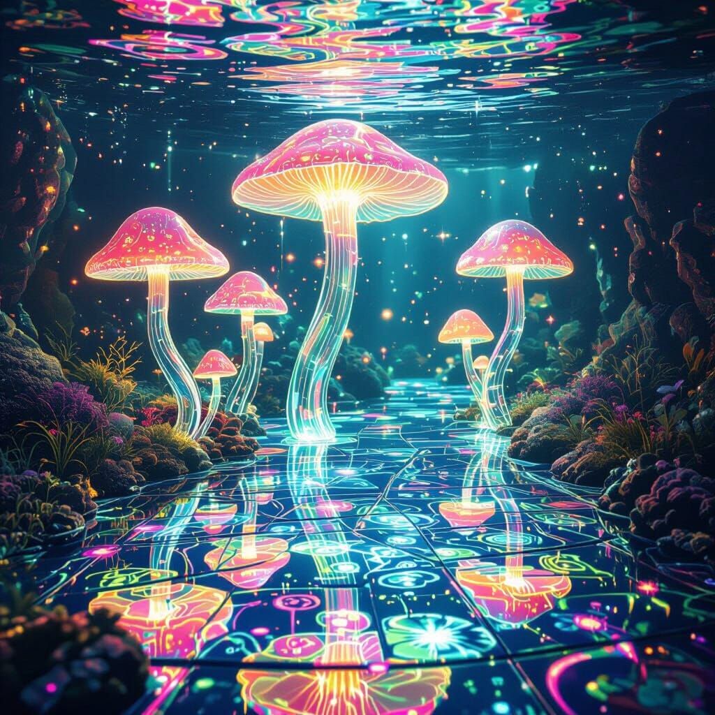 Underwater Neon Mushroom Arcade with Kaleidoscopic Glass Flo...