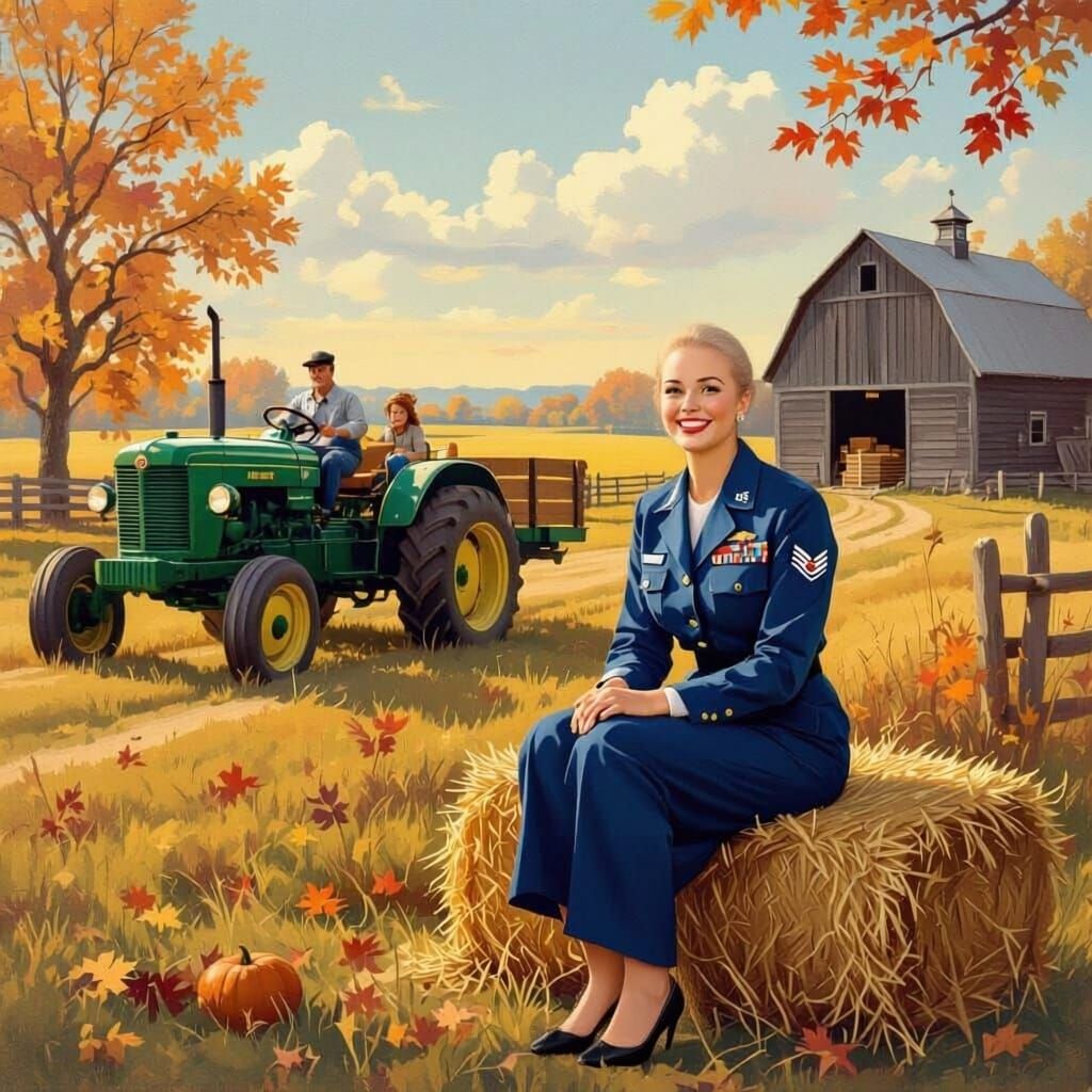 Mid-20th Century Air Force Woman Visits Autumn Farm
