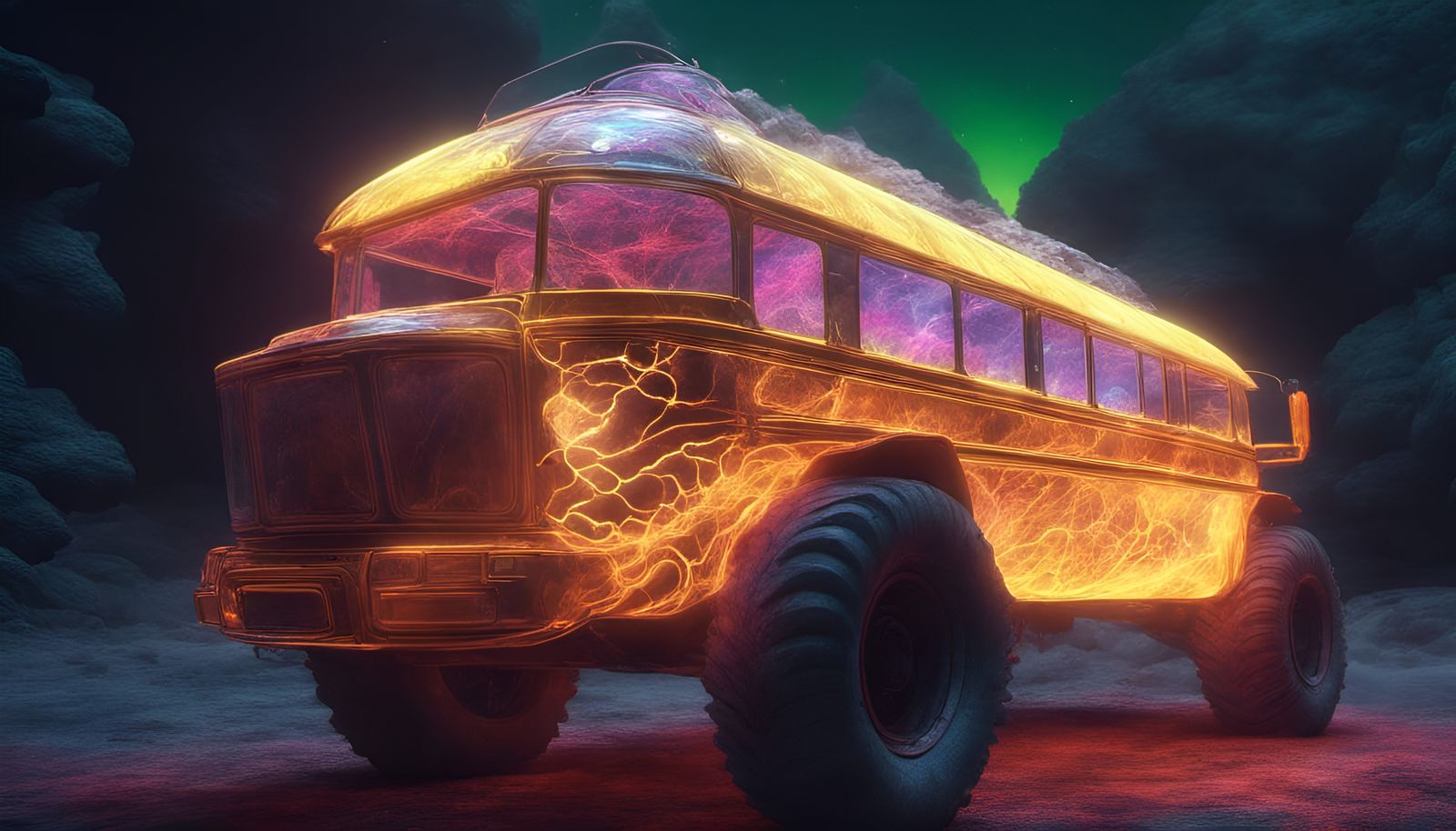 Surreal Sci-Fi School Bus in Fluorescent Wilderness