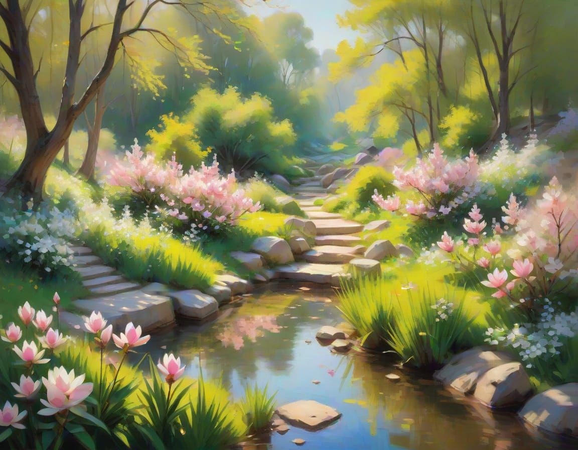 Serene Spring Forest Scene in Impressionist Style