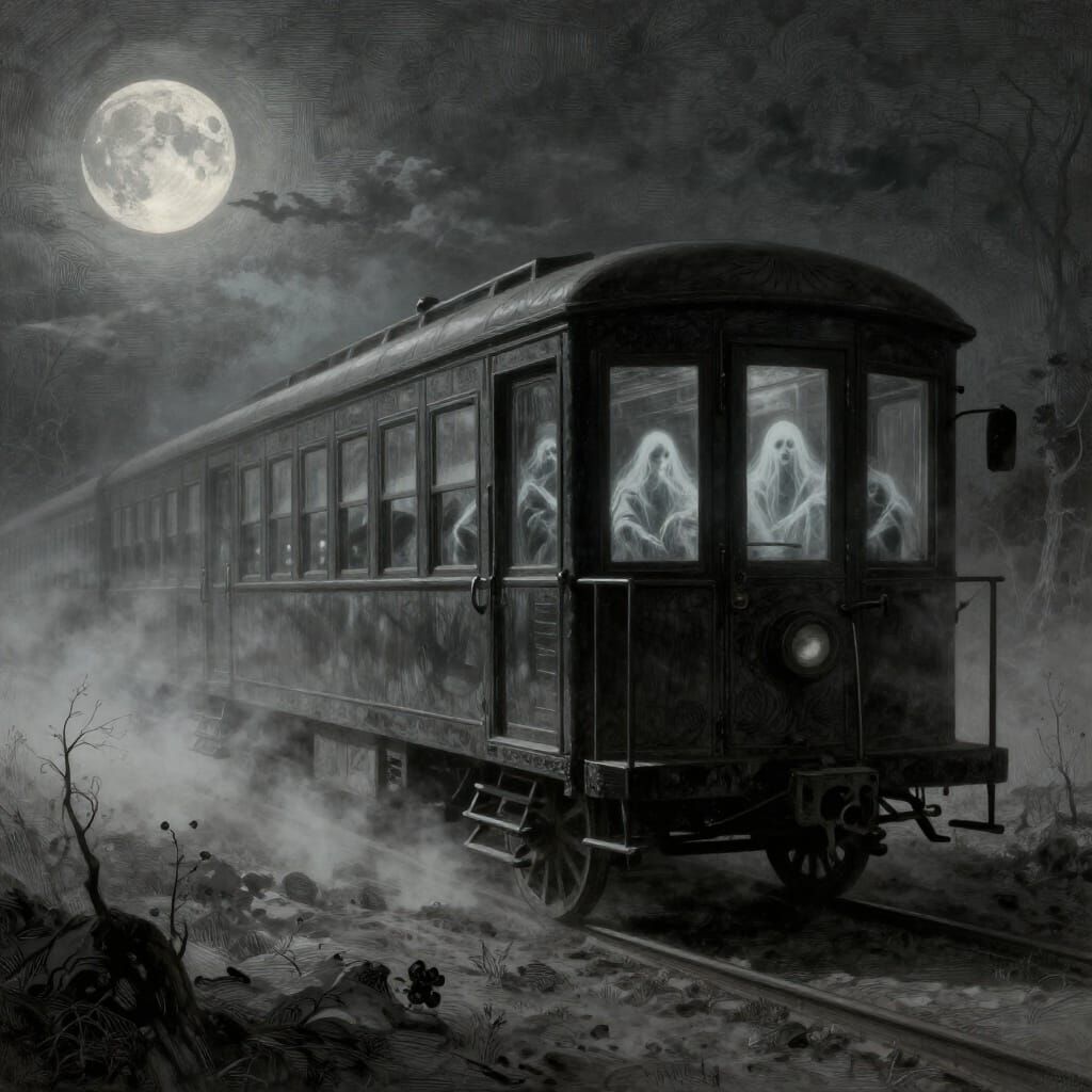 Spectral Train Haunts Desolate Moonlit Landscape