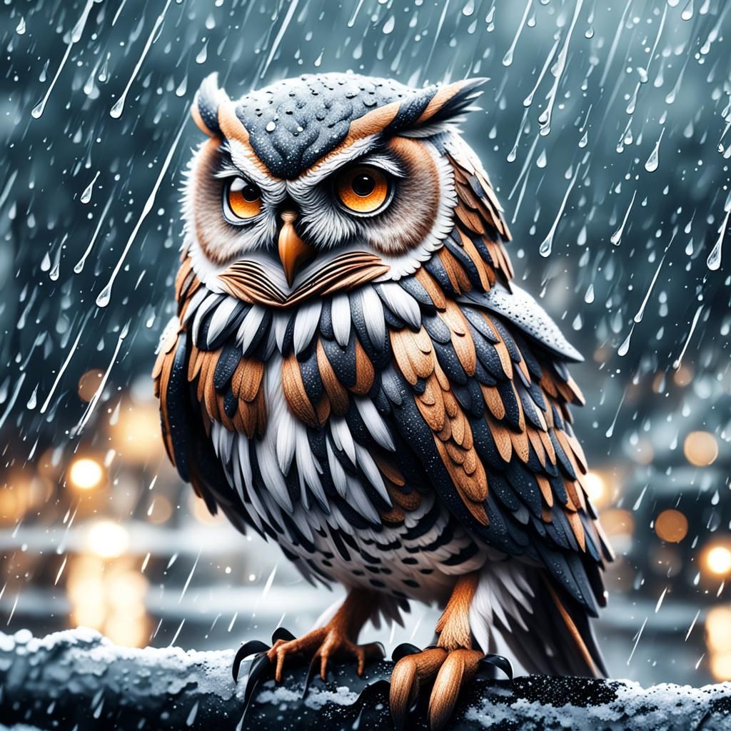 Hyperrealistic Christmas Owl in Rainy Scene