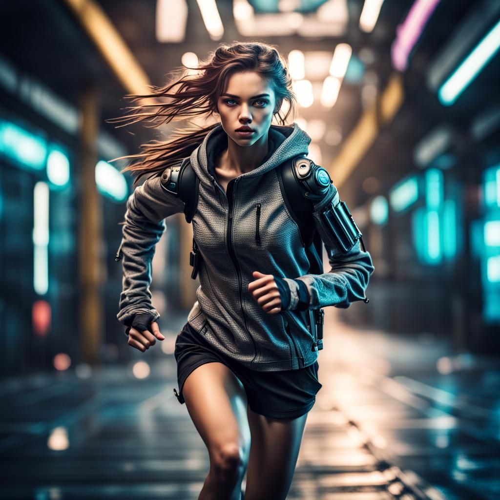 Beautiful Teen Woman Running in Cyberpunk Style