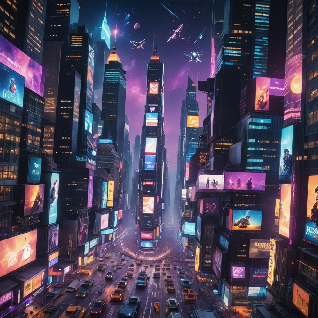 Futuristic Time Square with Flying Cars in Neon Noir Style