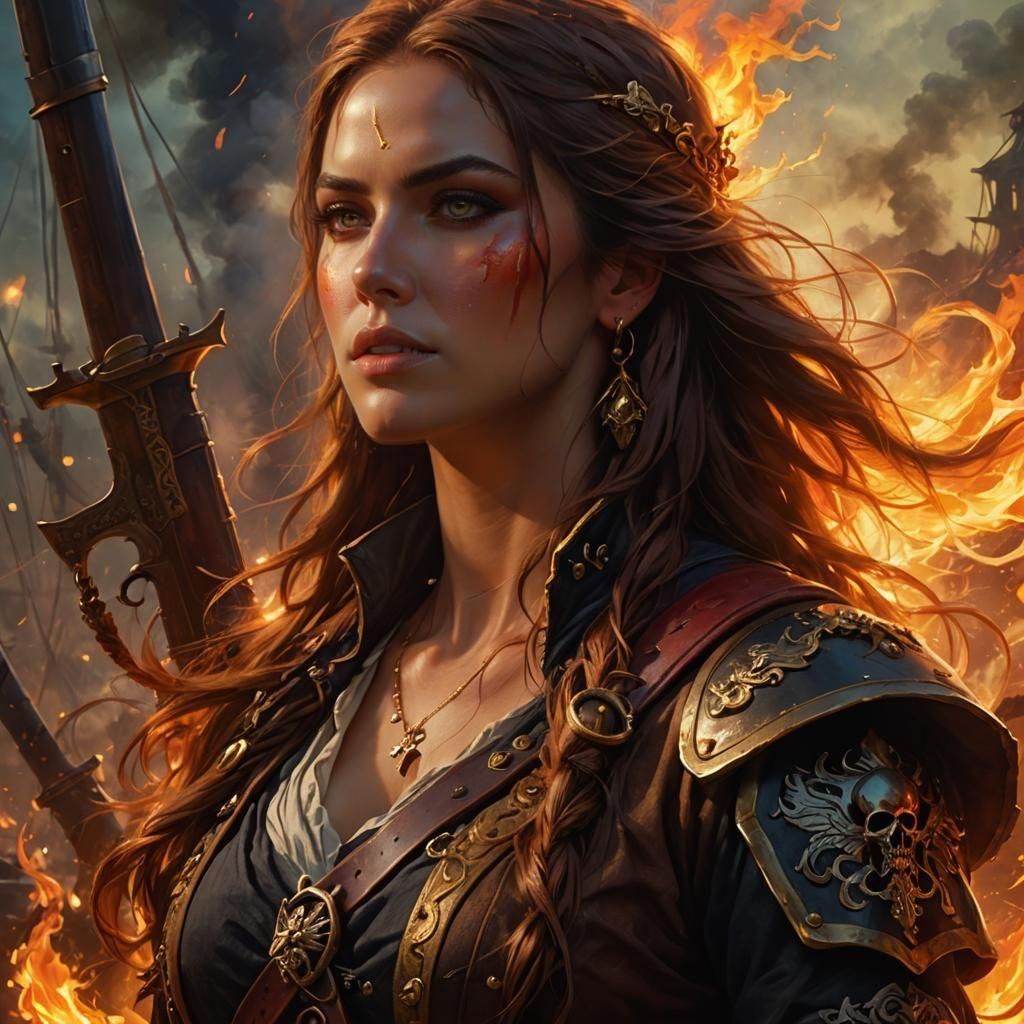 Epic Pirate Mercenary in a Fiery Landscape