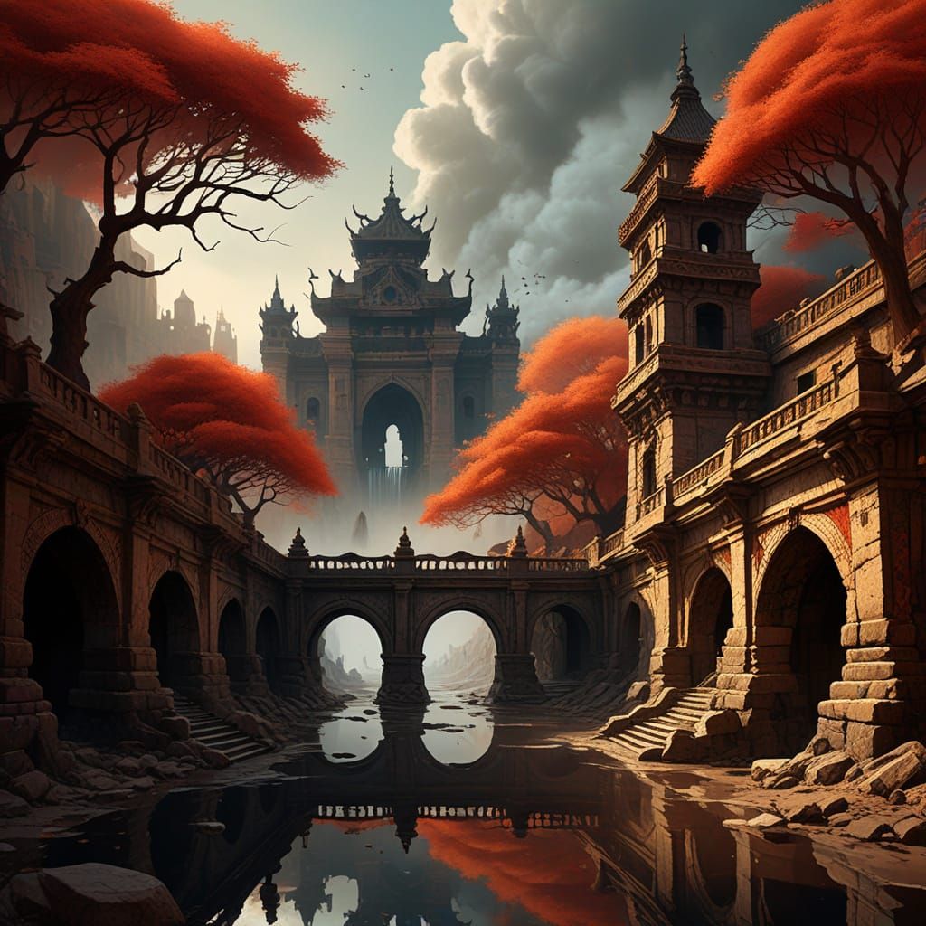Ancient, Mystical Cityscape with Ornate Buildings and Twiste...
