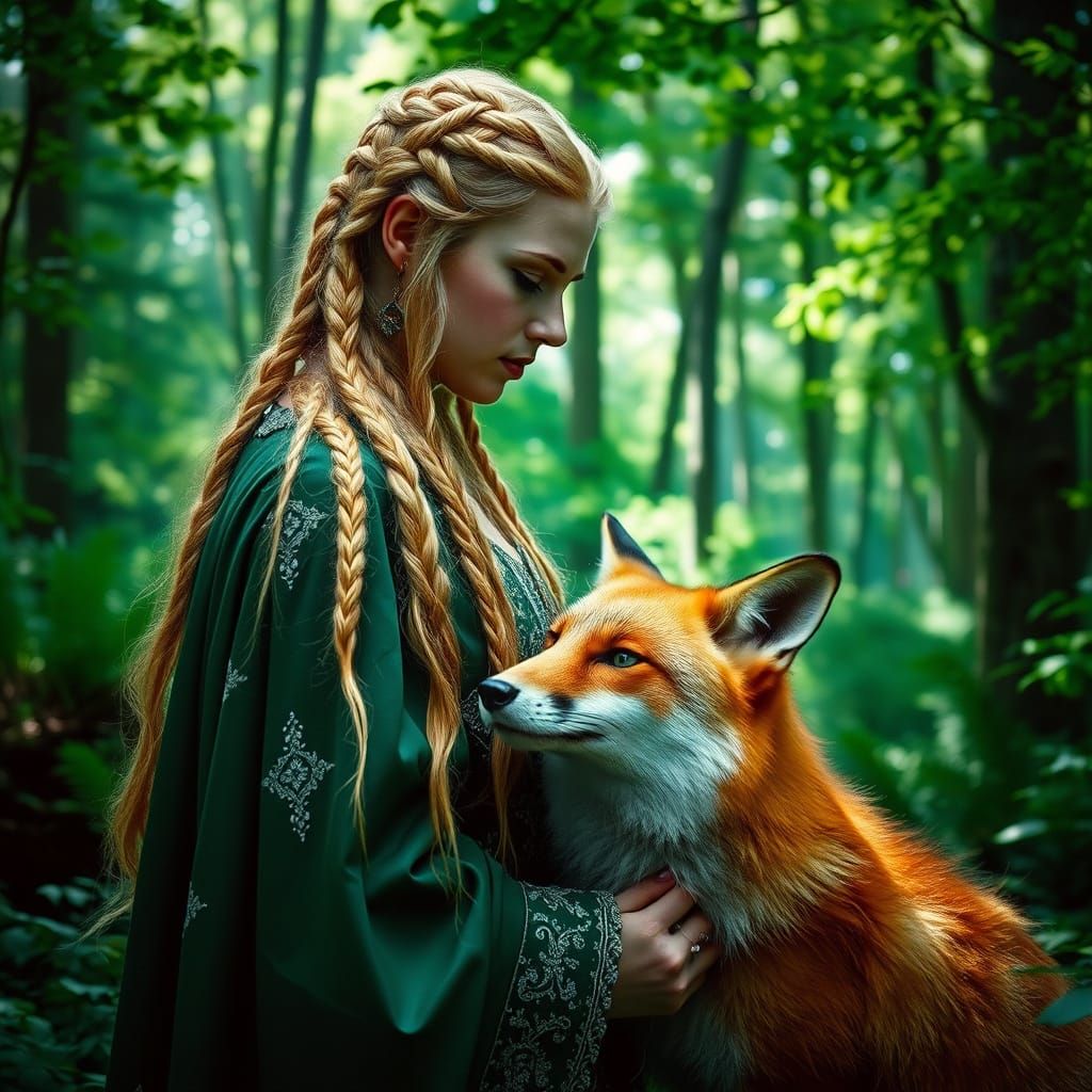 Nordic Princess with Fox in Vibrant Green Forest