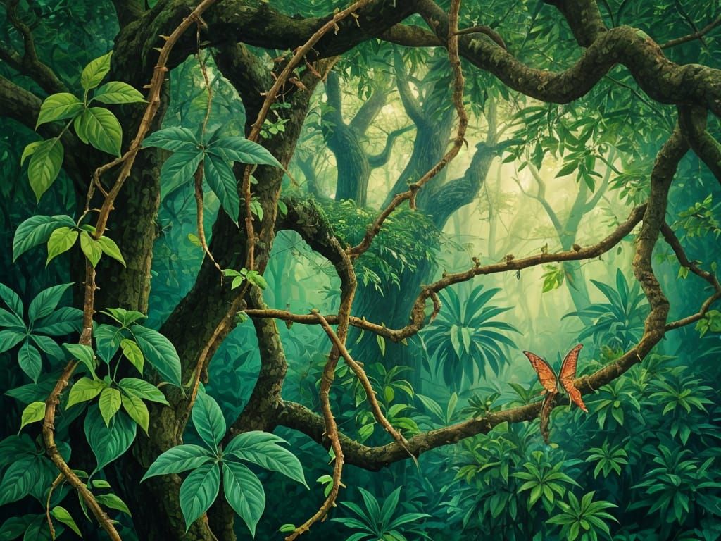 Lush Rainforest Canopy in Surreal Alcohol Ink Style