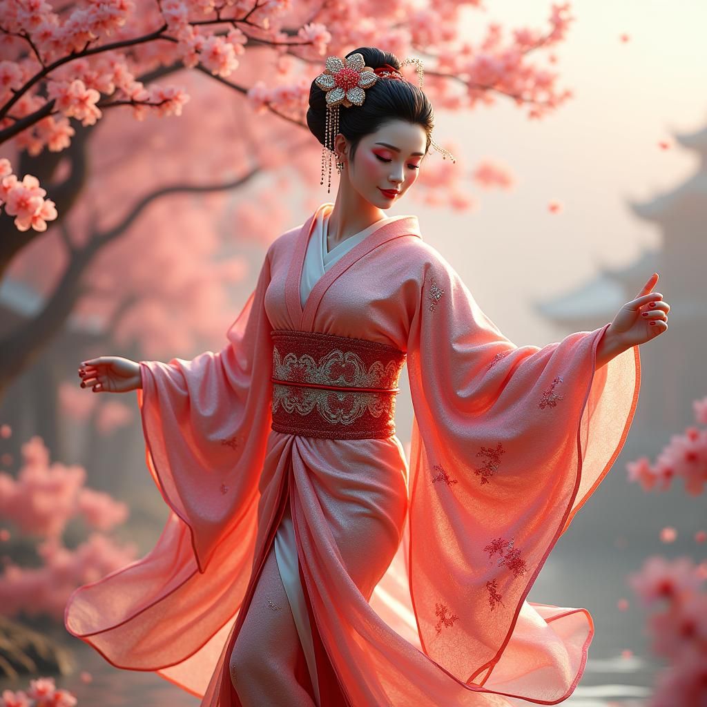 Enchanting Geisha in Art Nouveau-Inspired Cherry Blossom Kim...
