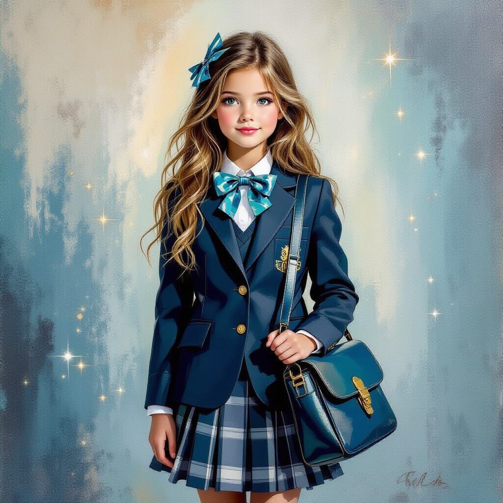 Happy Schoolgirl in Postmodern Soft Ink Painting