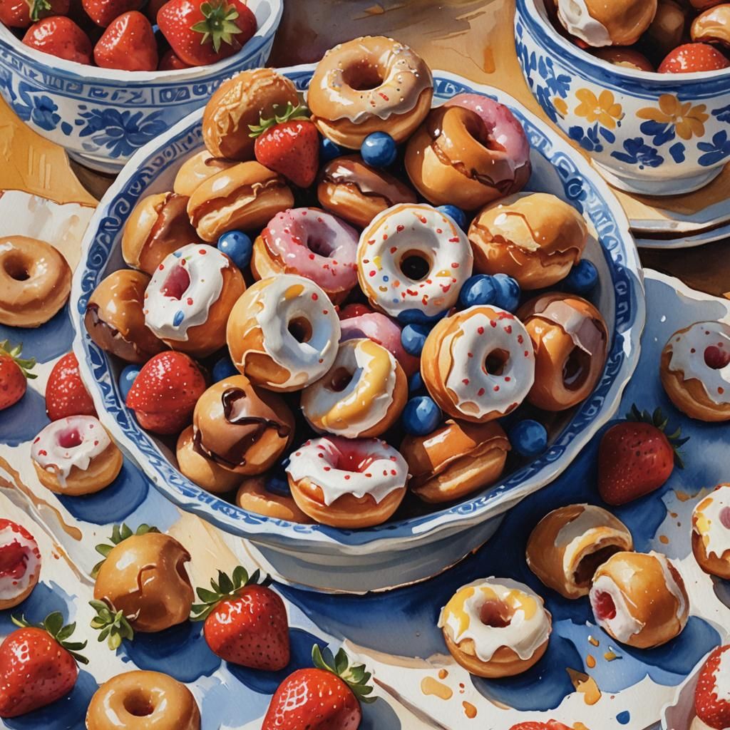 Pastries and Strawberries in Gouache Watercolor Impasto