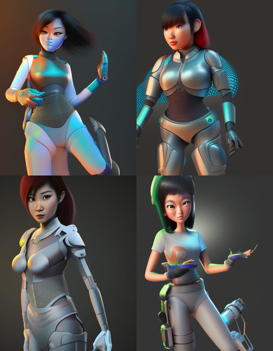 Asian Female Cyborg in Pixar-Style 3D Art