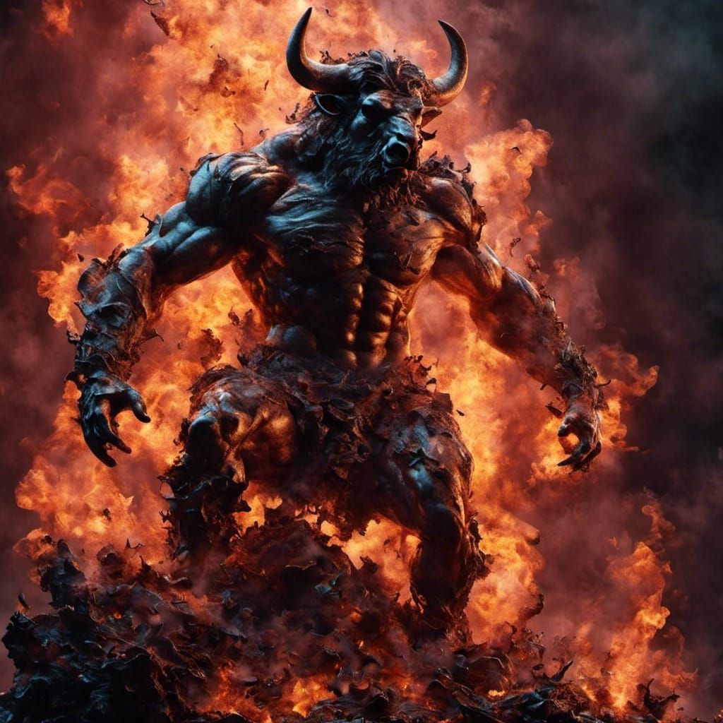 Hyperrealistic Marble Minotaur in Fire and Smoke