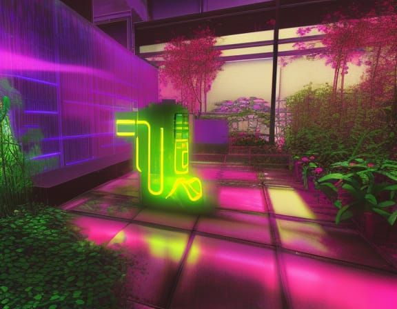 midday garden cyberpunk neon