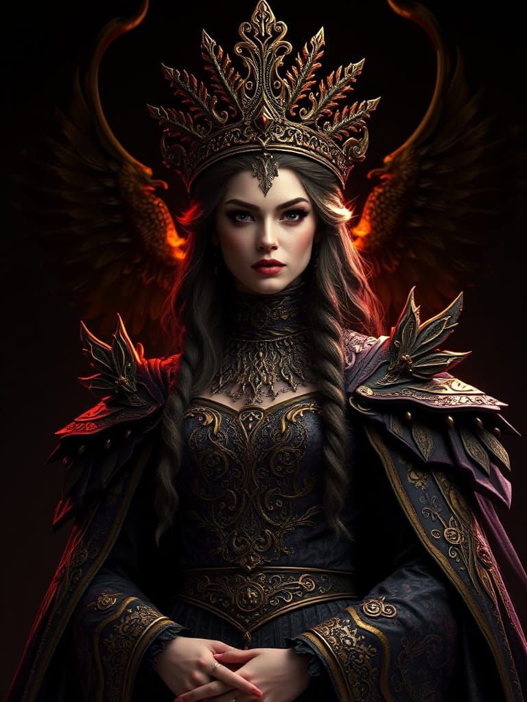 Regal Dark Fantasy Queen in Art Nouveau Style