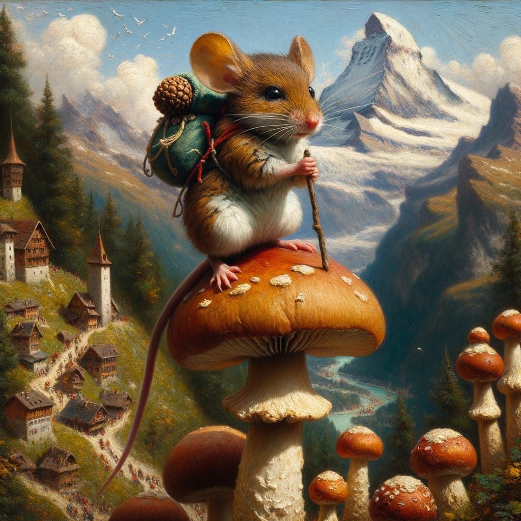 Mouse Explorer on Mushroom in Post-Impressionist Style