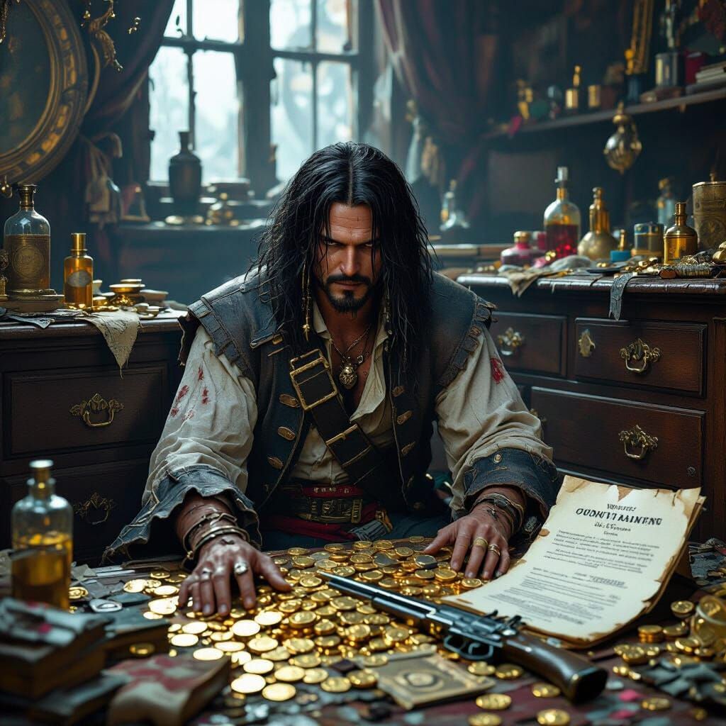 Weary Pirate Amidst Treasures: Cinematic 3D Art