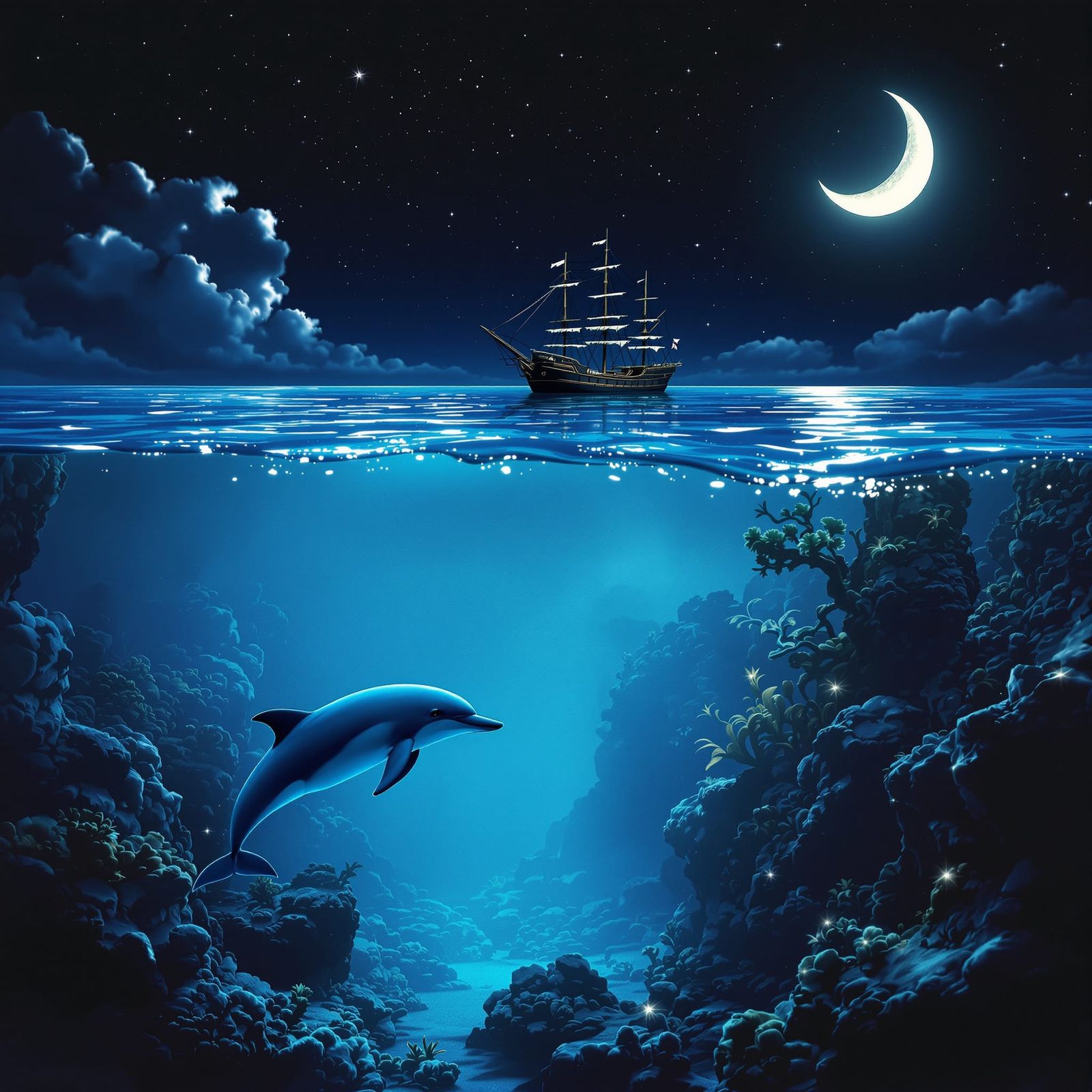 Moonlit Pirate Ship and Dolphin Underwater Scene