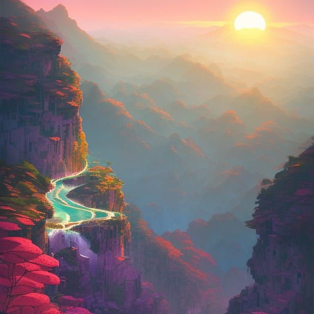 Majestic Mountain Path at Sunrise: Digital Painting