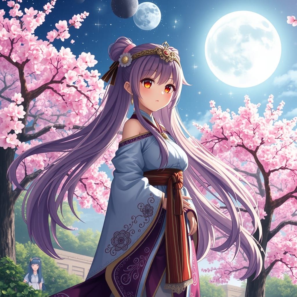 Anime Girl in Cherry Blossom Garden at Night