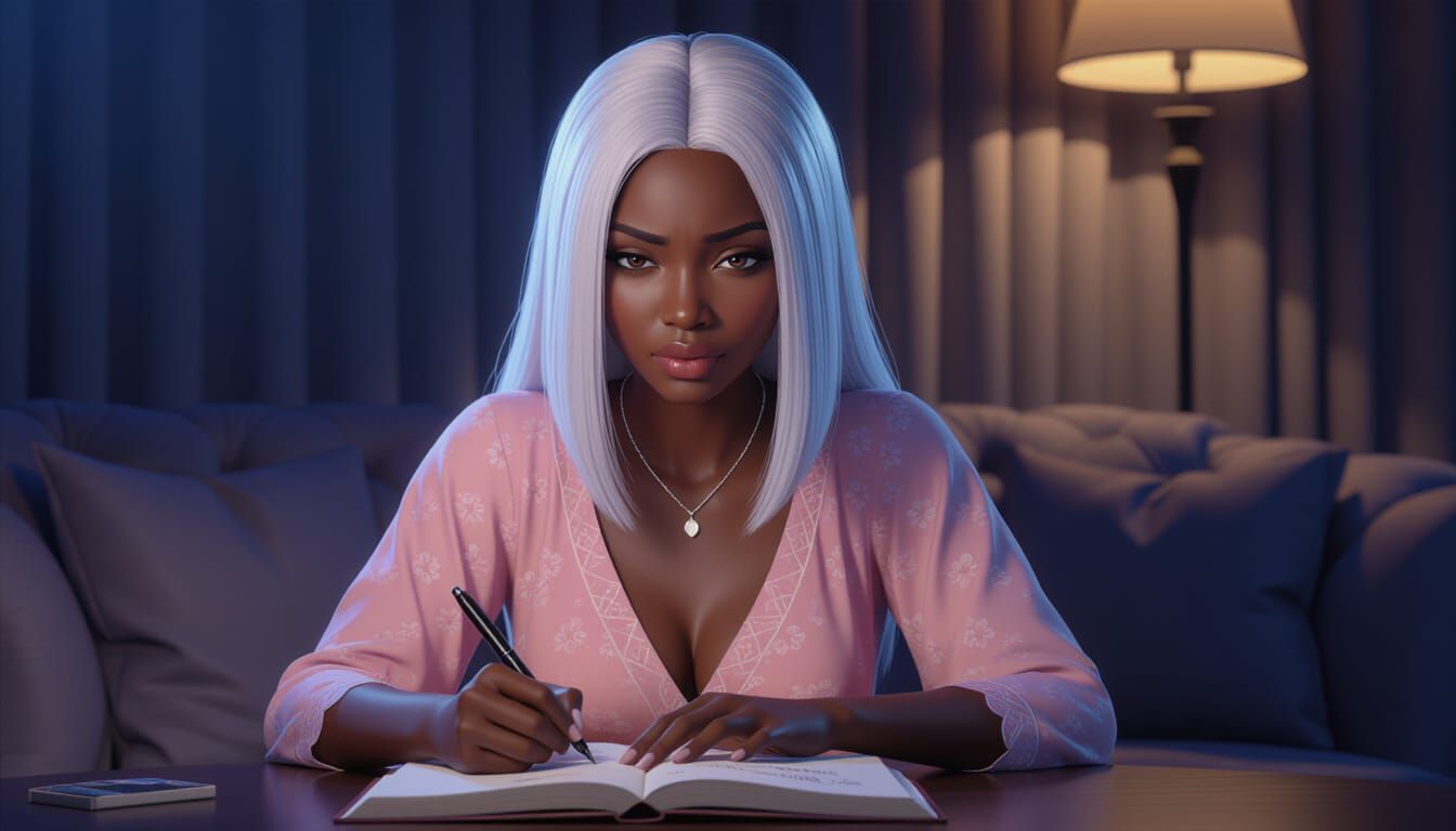 African Woman Frustrated Drawing Necklace in Dim Light